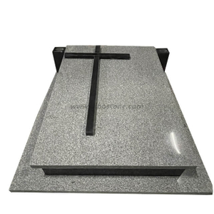 Light Grey Granite Tombstone With Black Cross Cover And Two Square Vases