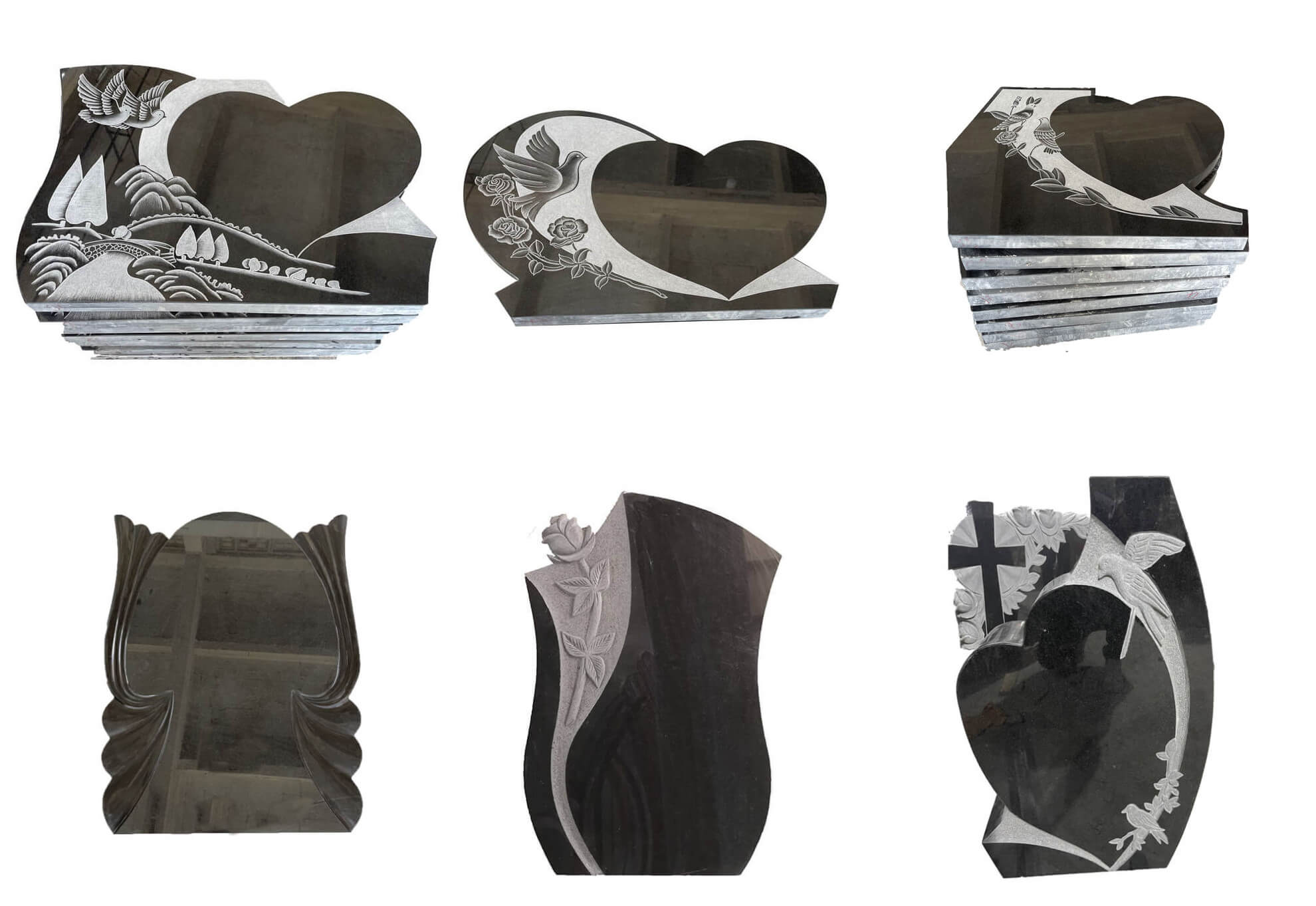 Black Granite Engraved Rose and Bird Headstone