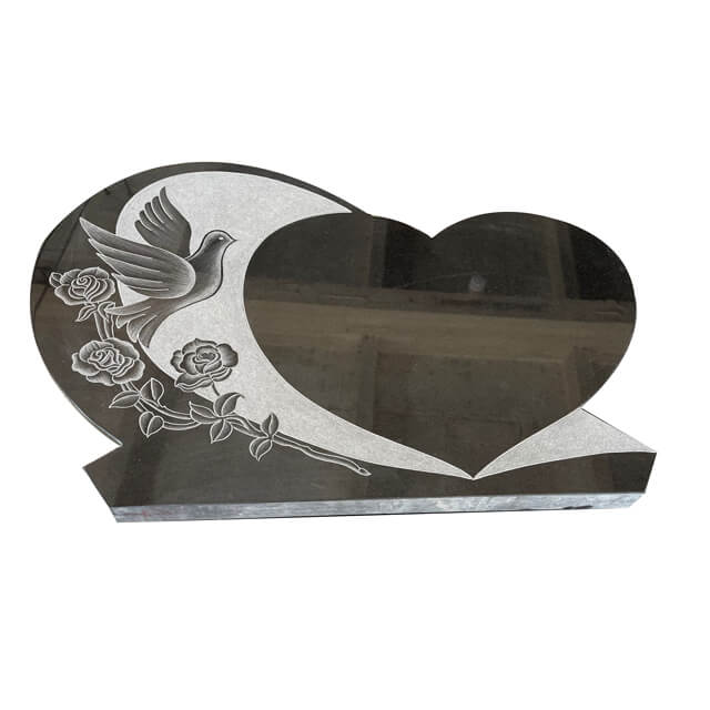 Black Granite Heart Shape Headstone etched Bird and Rose